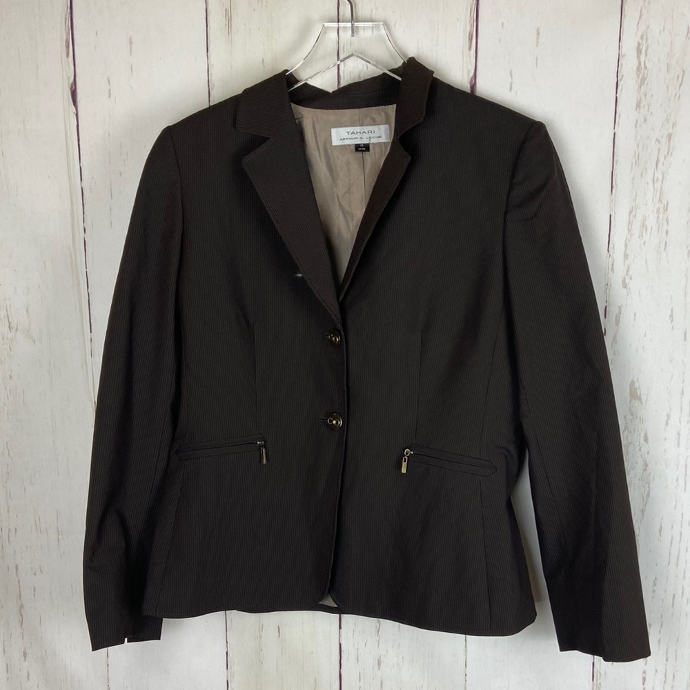 Tahari | Brown Pin Striped Button Front Blazer